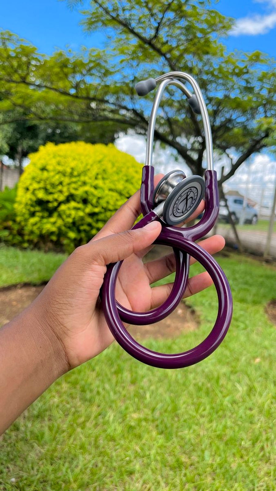 Purple Littmann held outdoors — clear acoustics