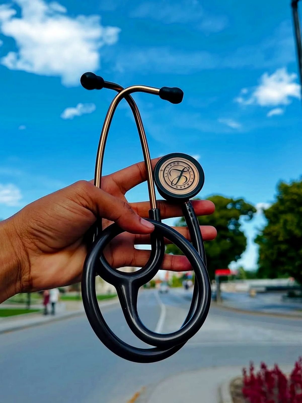 Copper-finish Littmann against blue sky